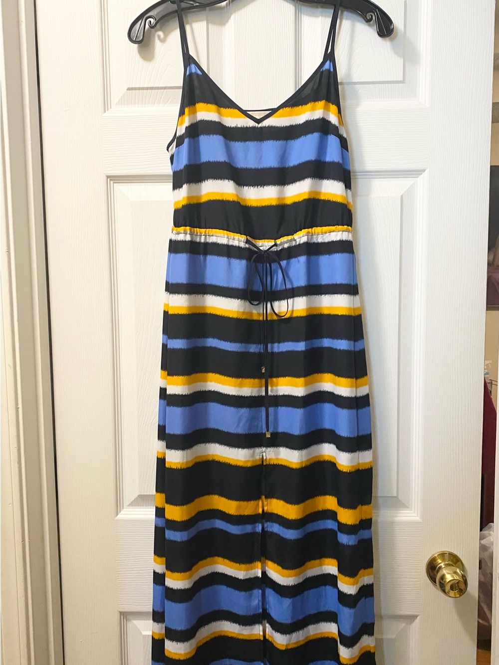 Michael Kors Striped Blue, Black & Yellow Maxi Dress w/Drawstring Waist, Sz XS